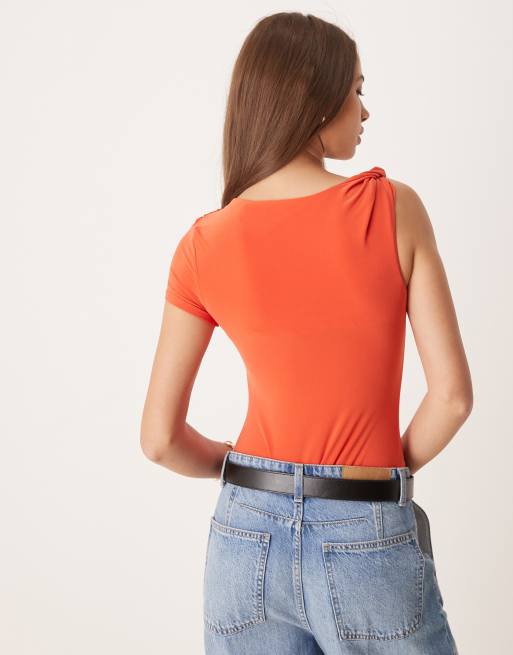 ASOS DESIGN draped twist shoulder cut out short sleeve bodysuit in orange