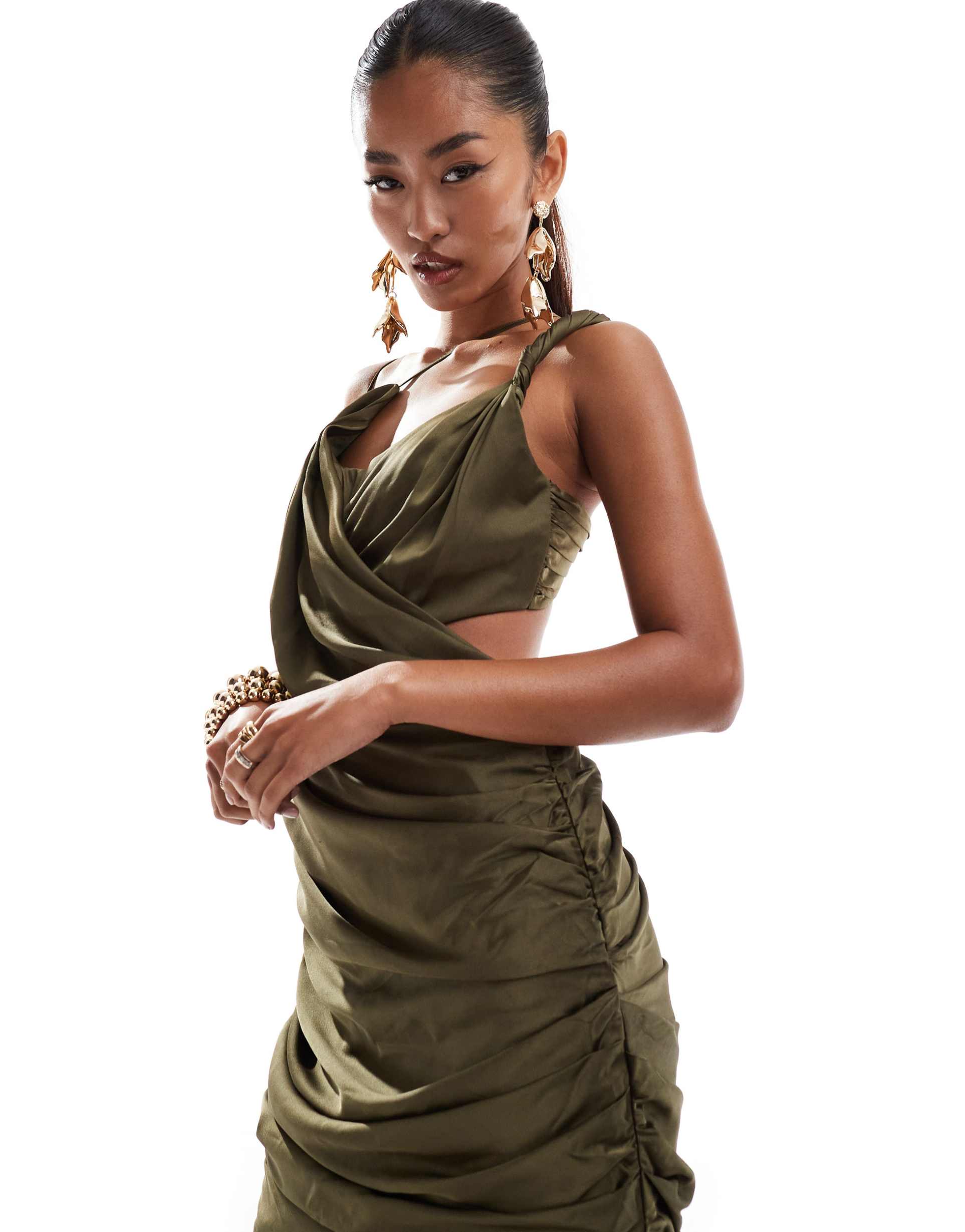 asos design draped twist shoulder midi dress in khaki