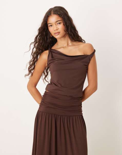 ASOS DESIGN draped twist strap tank top in chocolate - view 1