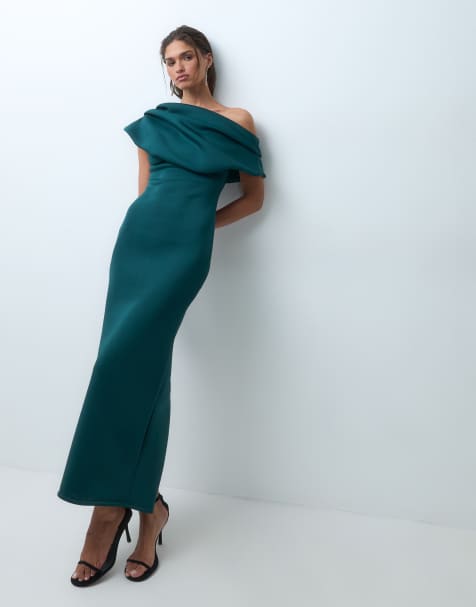 ASOS DESIGN draperad maxiklänning i pennmodell med bara axlar i mörkgrönt scuba-liknande tyg - view 1