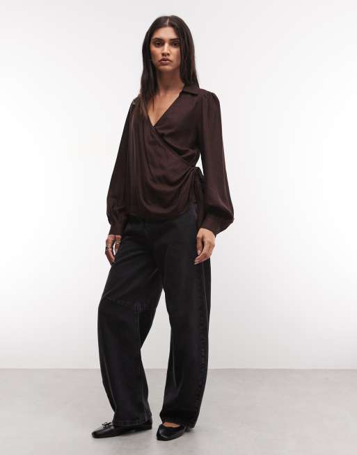 ASOS DESIGN draperad omlottopp i svart och brun ruta, 2 av 4