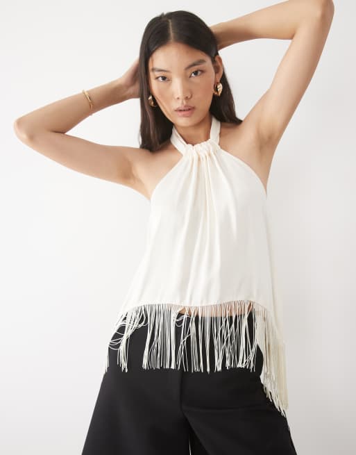 ASOS DESIGN draperad satin halterneck-topp med fransdetalj i ivory, 5 av 5