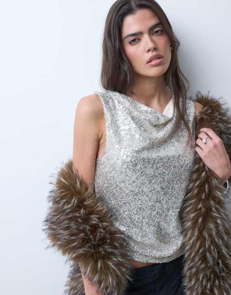 ASOS DESIGN draperad topp med paljetter, asymmetrisk ringning, i silver - view 1