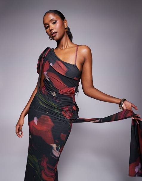 ASOS DESIGN - Draperet asymmetrisk maxikjole med vandfaldsudskæring på ryggen, skærfdetalje og mørkt blomstermønster i stretch-chiffon - view 1