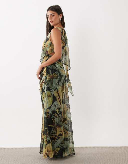 ASOS DESIGN draperet batwing-maxikjole med asymmetrisk ét ærme i grøn dragonfly-print, 4 af 4