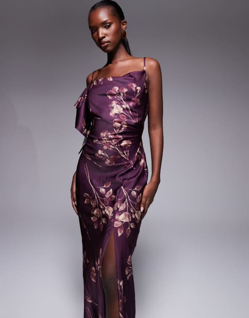 ASOS DESIGN - Draperet bordeauxrød midikjole i satin med flæsedetaljer og asymmetrisk kant samt blomstermønster, 3 af 4