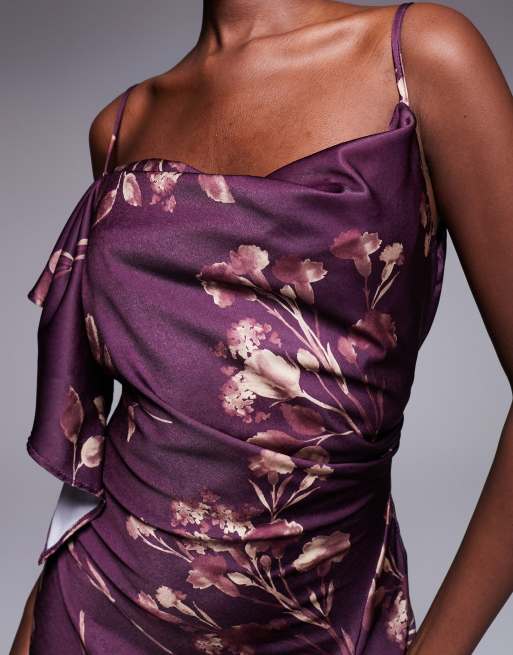 ASOS DESIGN - Draperet bordeauxrød midikjole i satin med flæsedetaljer og asymmetrisk kant samt blomstermønster, 4 af 4