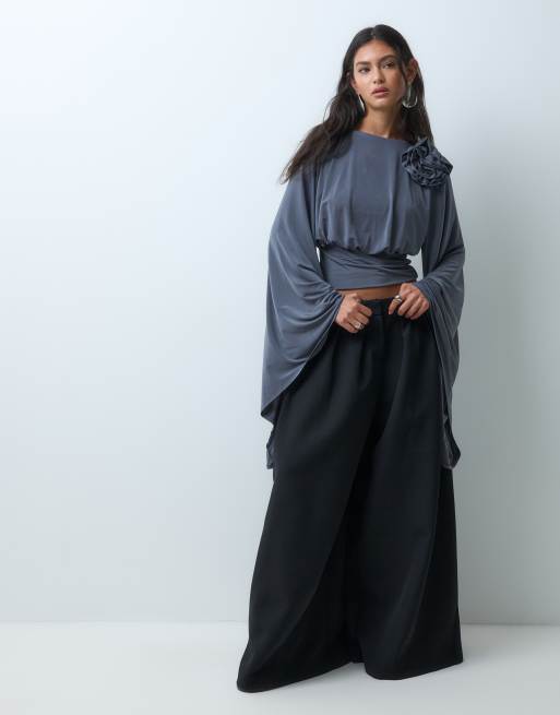 ASOS DESIGN draperet corsagebluse med indsnøret talje i koksgrå, 5 af 5