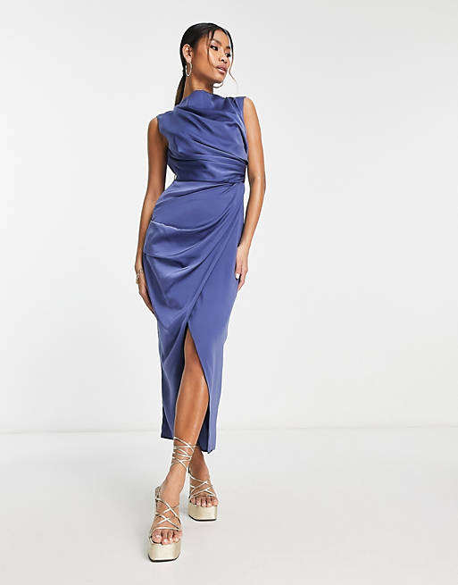 Generelt sagt mærke lidelse ASOS DESIGN - Draperet kjole med slå-om-nederdel i blåt satin | ASOS