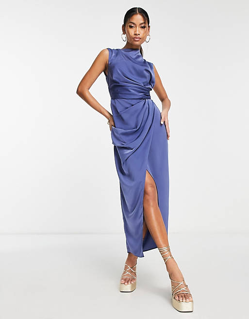 ASOS - Draperet kjole med slå-om-nederdel i blåt satin | ASOS