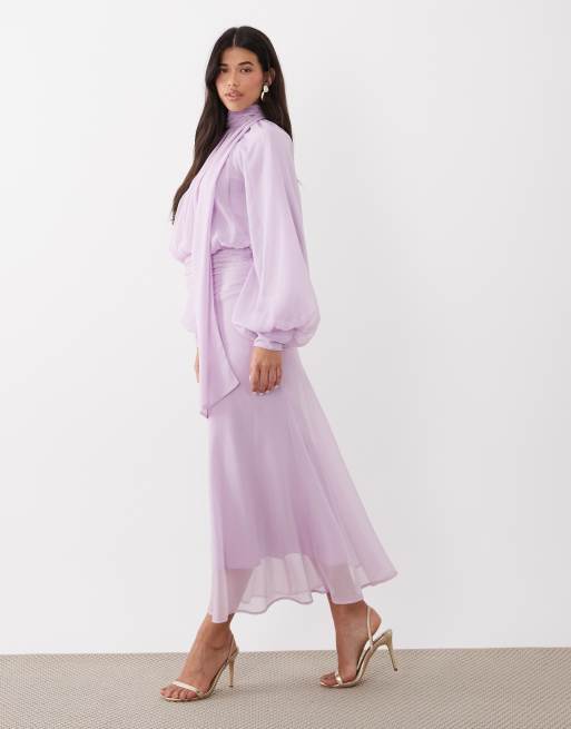 ASOS DESIGN - Draperet lyslilla maxikjole i chiffon med høj hals med bindebånd, 4 af 4