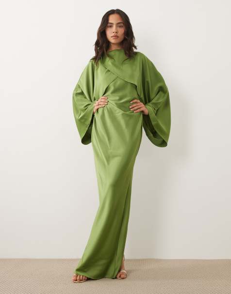 ASOS DESIGN draperet maxikjole i satin med lange ærmer, krydset front og høj hals i cedergrøn - view 1