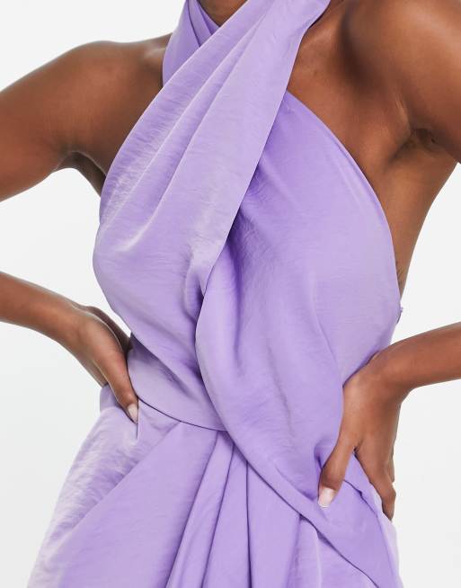 ASOS DESIGN - Draperet midikjole med snøreryg og slå-om-hals i lyslilla, 2 af 4