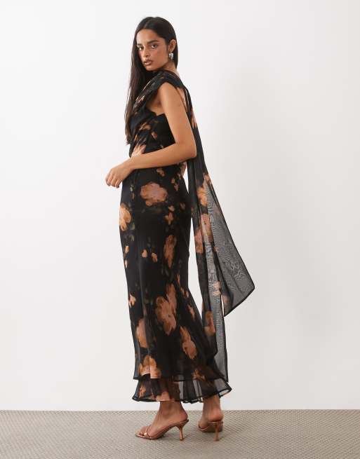 ASOS DESIGN draperet offshoulder maxikjole med tørklædedetalje og dobbelt lag i orange blomsterprint, 4 af 4