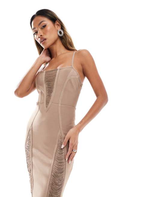 ASOS DESIGN - Draperet og beige midikjole i bandage-stof med frynsedetaljer og formgivende sømme