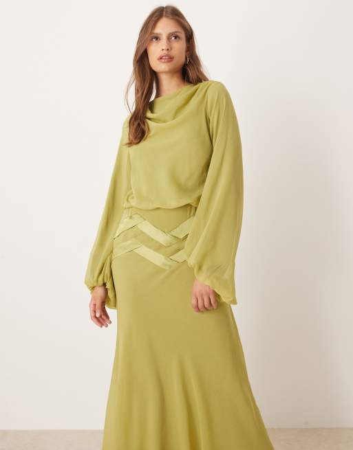 ASOS DESIGN - Draperet og grøn maxikjole med blouson-ærmer og vævede detaljer i satin, 2 af 4