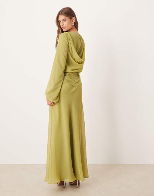 ASOS DESIGN - Draperet og grøn maxikjole med blouson-ærmer og vævede detaljer i satin, 3 af 4