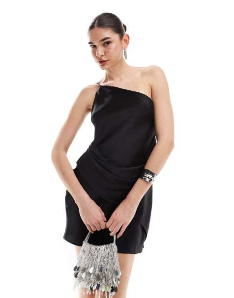 ASOS DESIGN - Draperet oneshoulder-minikjole i sort satin - view 1