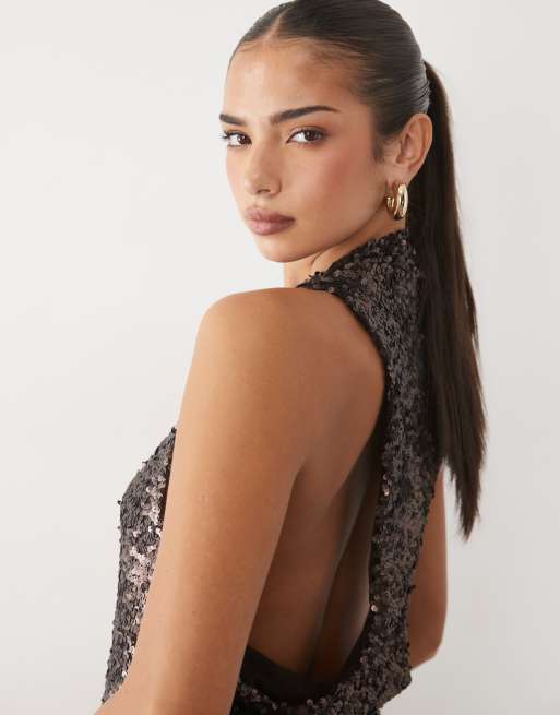 ASOS DESIGN draperet paillettop med dyb racerback i chokoladebrun, 3 af 4