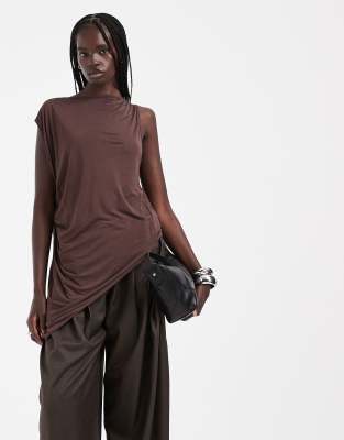 Asos Design Drapey Asymmetric Longline Sleeveless Top In Brown