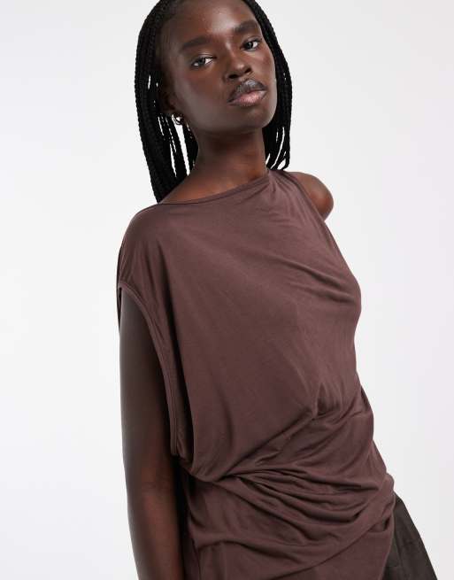 ASOS DESIGN drapey asymmetric longline sleeveless top in choc, 3 of 4