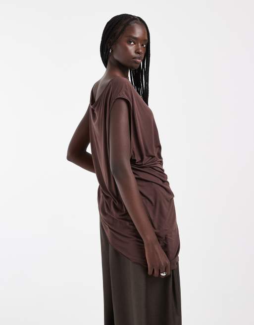 ASOS DESIGN drapey asymmetric longline sleeveless top in choc, 4 of 4