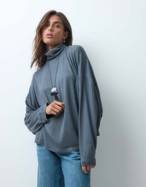 ASOS DESIGN drapey batwing turtle neck long sleeve top in charcoal - view 1
