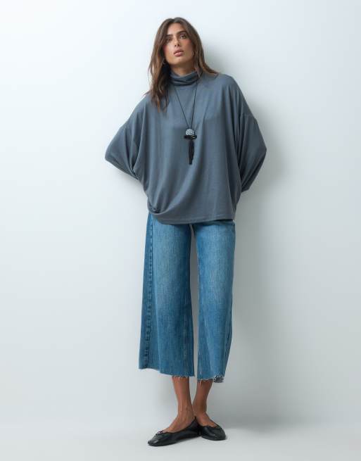 ASOS DESIGN drapey batwing turtle neck long sleeve top in charcoal, 2 of 5
