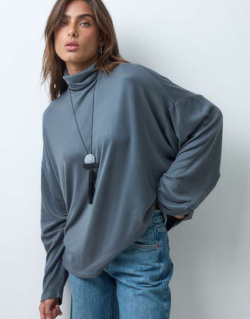 ASOS DESIGN drapey batwing turtle neck long sleeve top in charcoal, 4 of 5