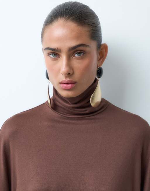 ASOS DESIGN drapey batwing turtle neck long sleeve top in choc, 2 of 4