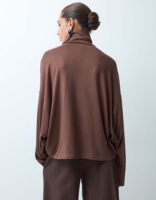 ASOS DESIGN drapey batwing turtle neck long sleeve top in choc, 4 of 4