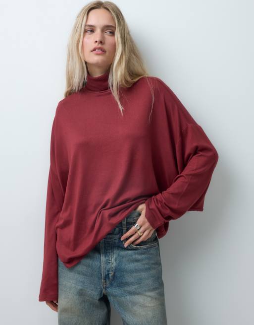 ASOS DESIGN drapey batwing turtle neck long sleeve top in dark red, 2 of 4