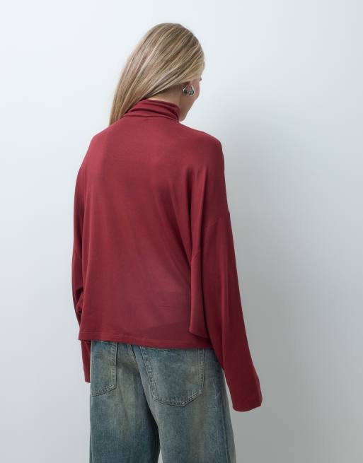 ASOS DESIGN drapey batwing turtle neck long sleeve top in dark red, 3 of 4