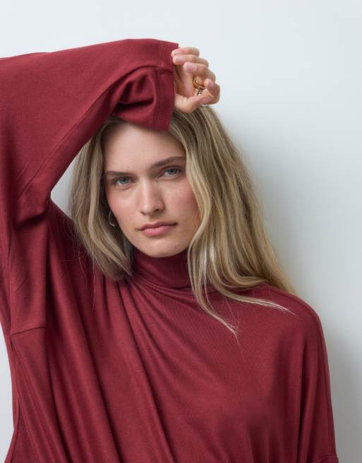 ASOS DESIGN drapey batwing turtle neck long sleeve top in dark red, 4 of 4