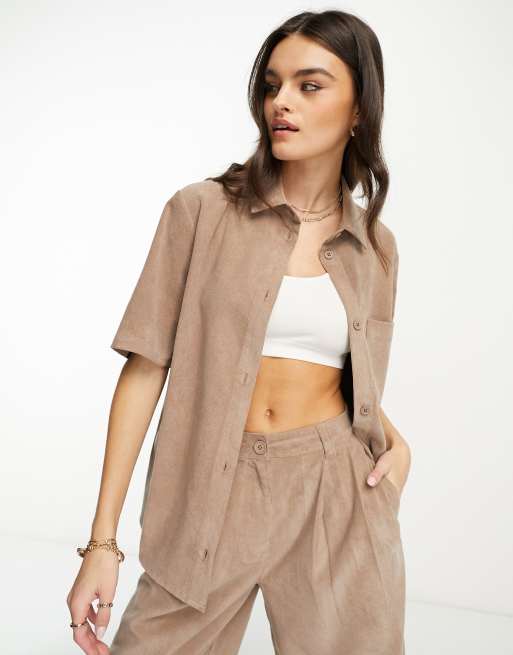 ASOS DESIGN drapey bowling shirt in baby cord brown (part of a set)