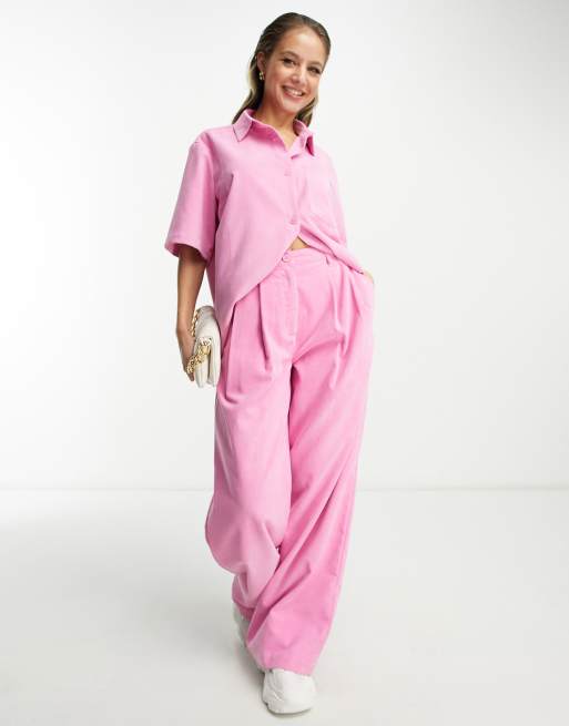 ASOS DESIGN drapey bowling shirt in baby cord pink coord ASOS