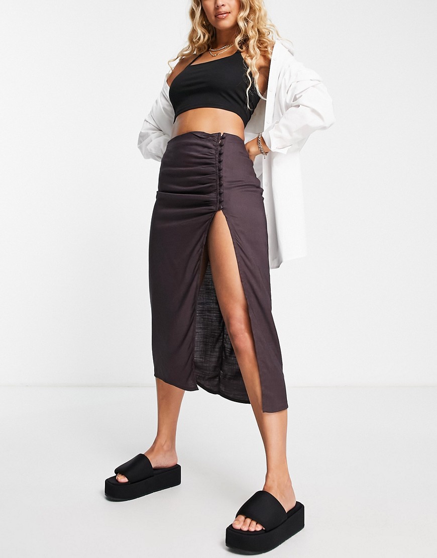 ASOS DESIGN drapey button side thigh slit midi skirt in chocolate-Brown