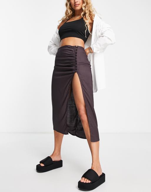 High waisted midi skirt with button side split sale