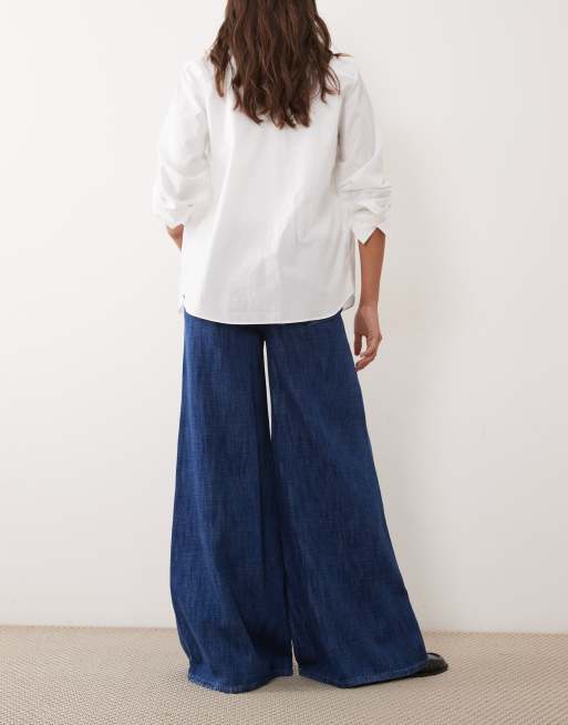 ASOS DESIGN drapey denim palazzo wide leg jean in mid blue, 3 of 5