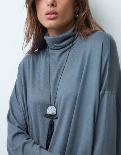 ASOS DESIGN drapey long batwing sleeve turtle neck top in charcoal, 3 of 5