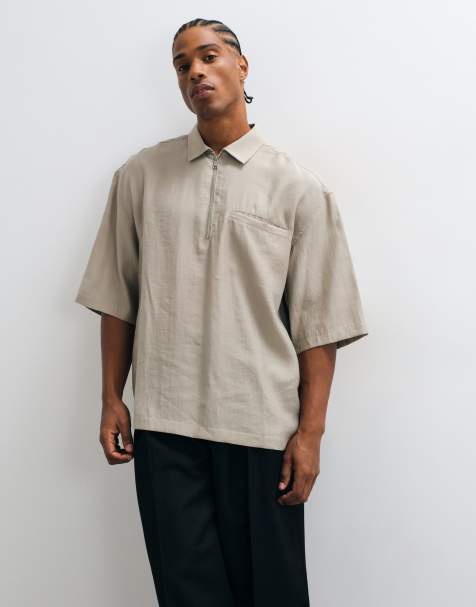 ASOS DESIGN drapey oversized quarter zip shirt in beige - view 1