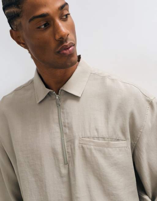 ASOS DESIGN drapey oversized quarter zip shirt in beige, 4 of 5
