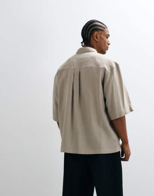 ASOS DESIGN drapey oversized quarter zip shirt in beige, 5 of 5
