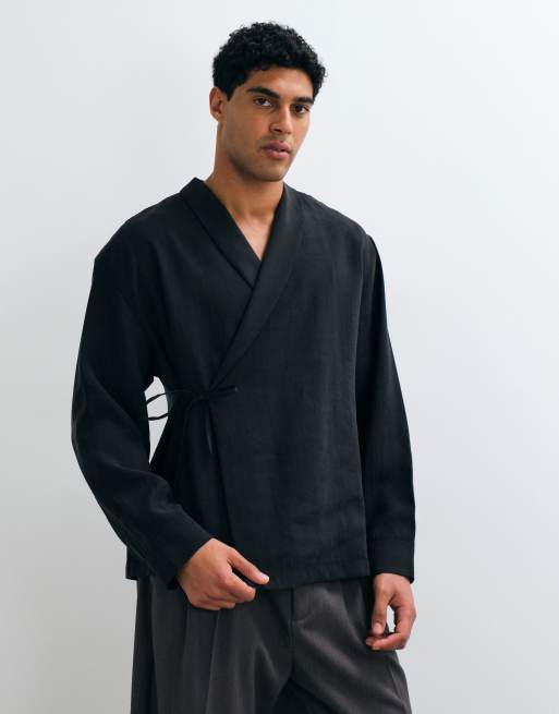 ASOS DESIGN drapey oversized wrap detail shirt in black, 2 of 5