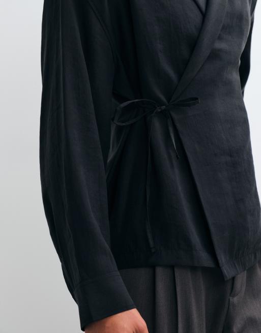 ASOS DESIGN drapey oversized wrap detail shirt in black, 4 of 5
