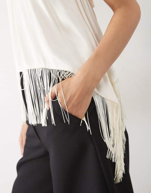 ASOS DESIGN drapey satin halter neck top with fringe detail in ivory, 3 of 5