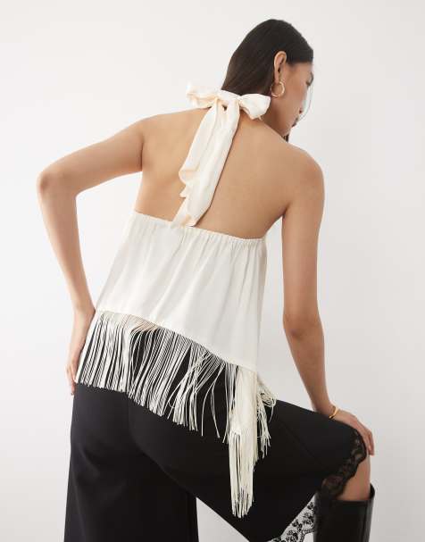 ASOS DESIGN drapey satin halter neck top with fringe detail - view 1