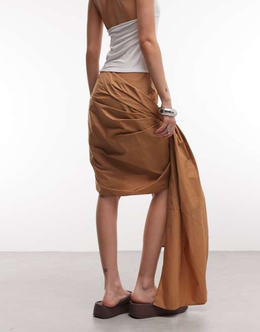 ASOS DESIGN drapey tie detail skirt in camel, 4 of 5
