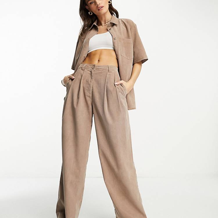ASOS DESIGN drapey wide leg pants in baby cord brown - part of a set