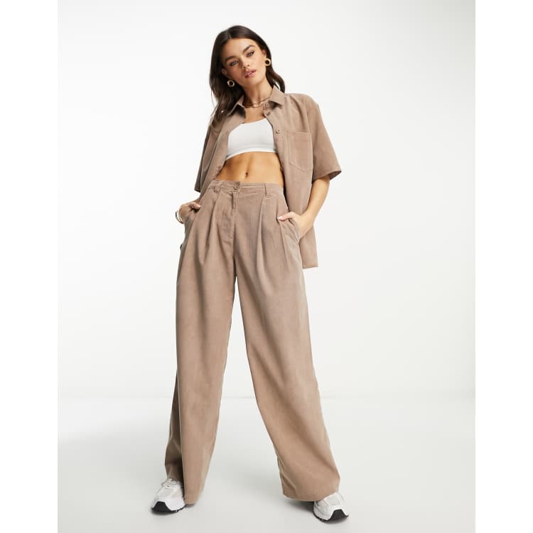 ASOS DESIGN drapey wide leg pants in baby cord brown - part of a set